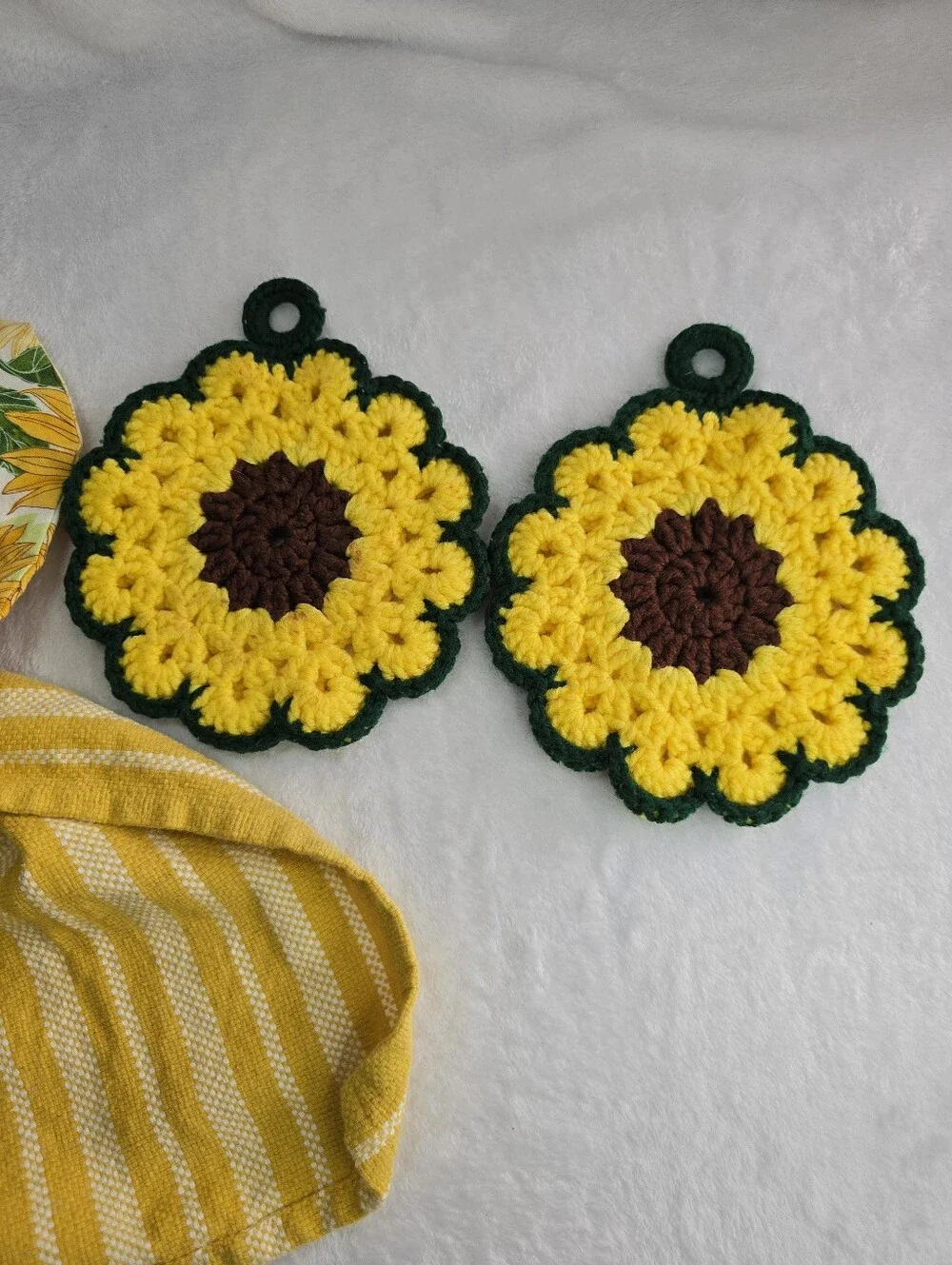 Sunflower Hanging Kitchen Towel Set with Crochet Sunflower Potholders Handmade